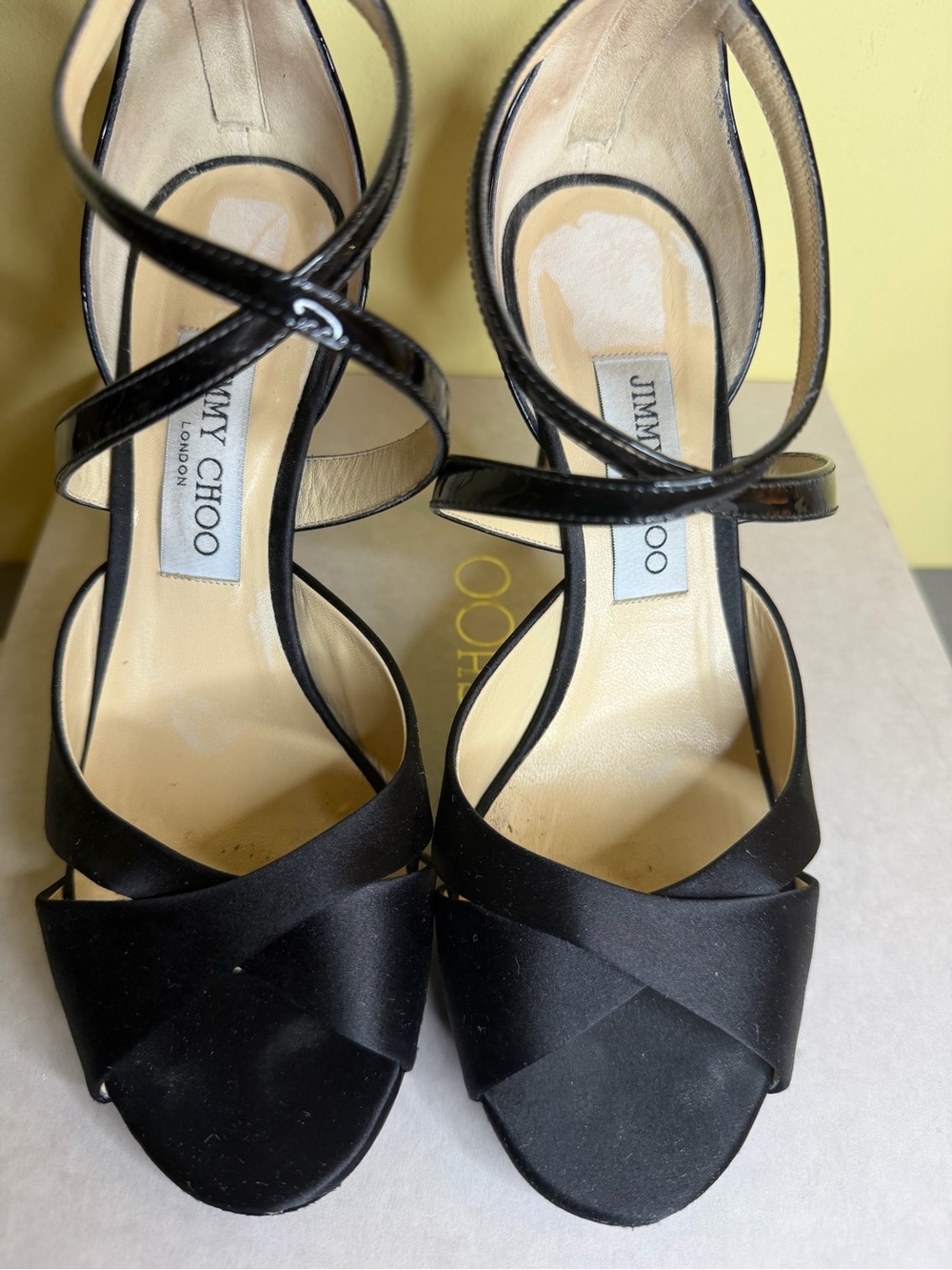 Jimmy Choo Lorina 100 Black Satin & Patent Leather Strappy Sandals, size 37.5